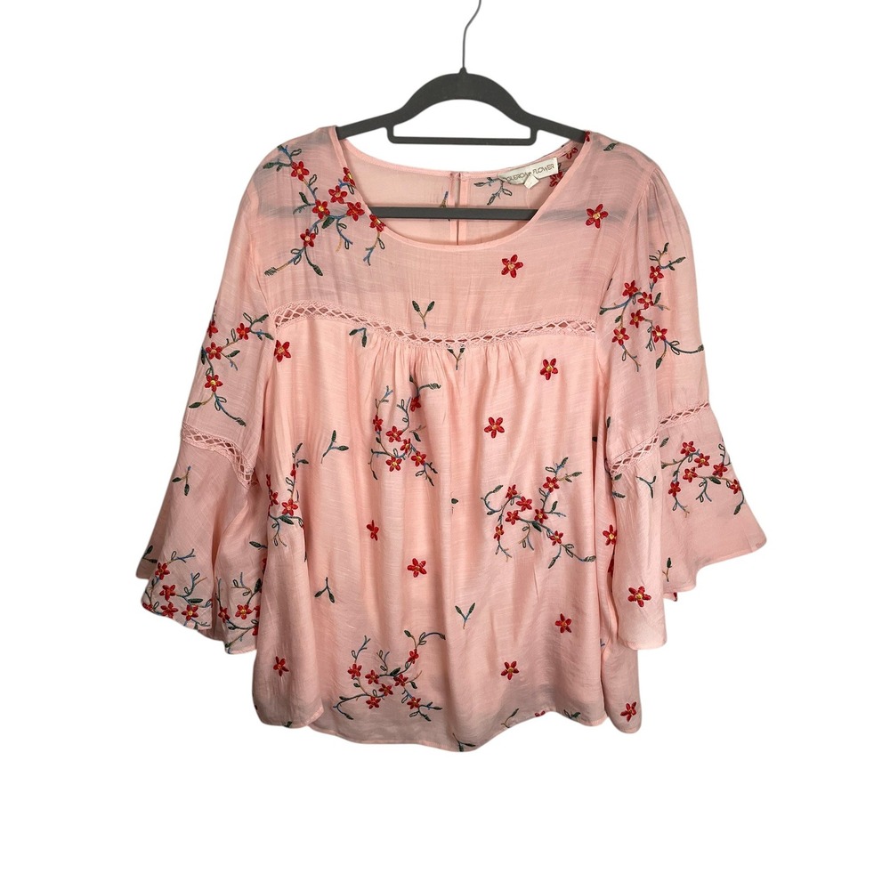 Figueroa + Flower 3X Pink Embroidered Peasant Blouse Bell Sleeve‎ Boho Floral